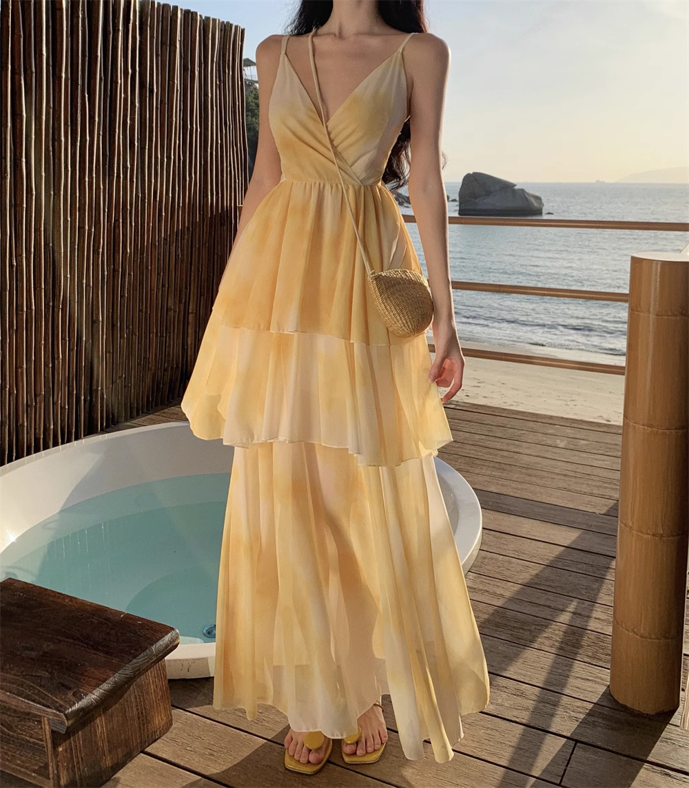 New Simple Yellow Floral Design A-Line Beach Holiday Spaghetti Strap Dress HZ1024