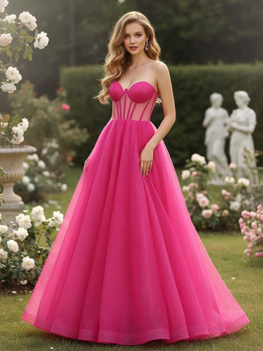 Glitter Sweetheart Neck Corset A-Line Long Dress Fuchsia