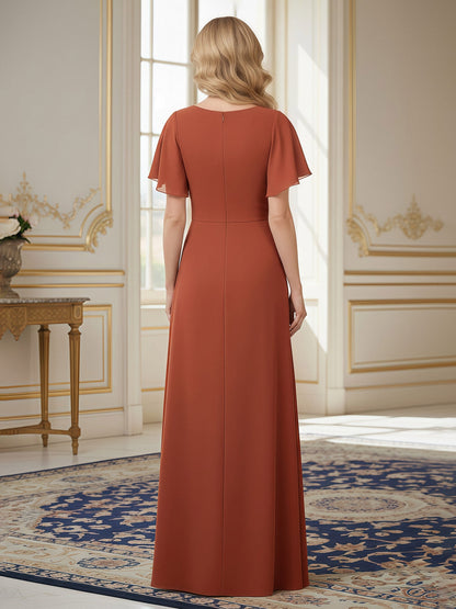 Pleated V-neck Flutter Sleeves Chiffon Long Dress Rust