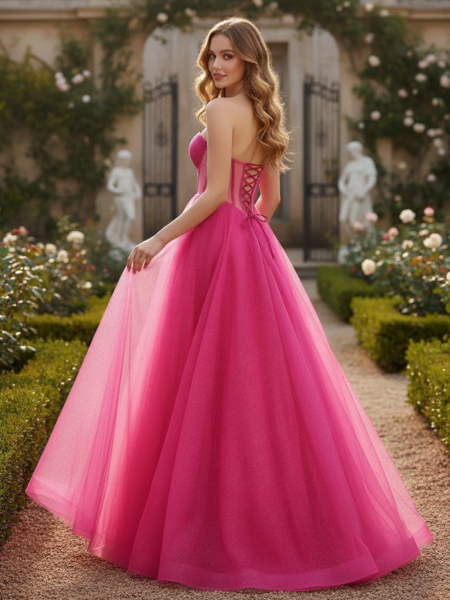 Glitter Sweetheart Neck Corset A-Line Long Dress Fuchsia