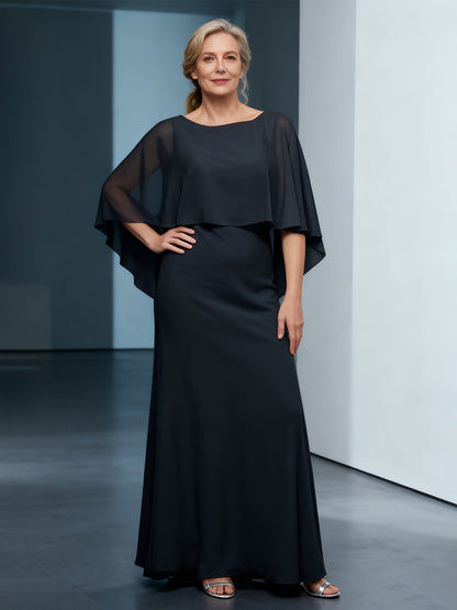 Bateau Neck Sheath Floor-length Dress With Cape Black