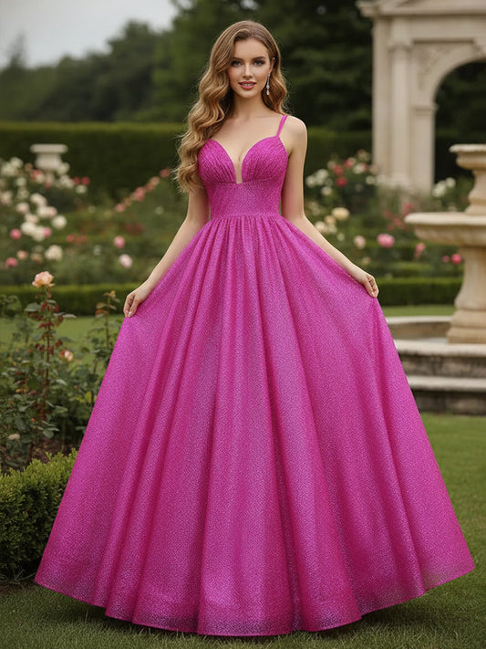 Glitter Sweetheart Neck A-Line Ruched Long Dress Orchid