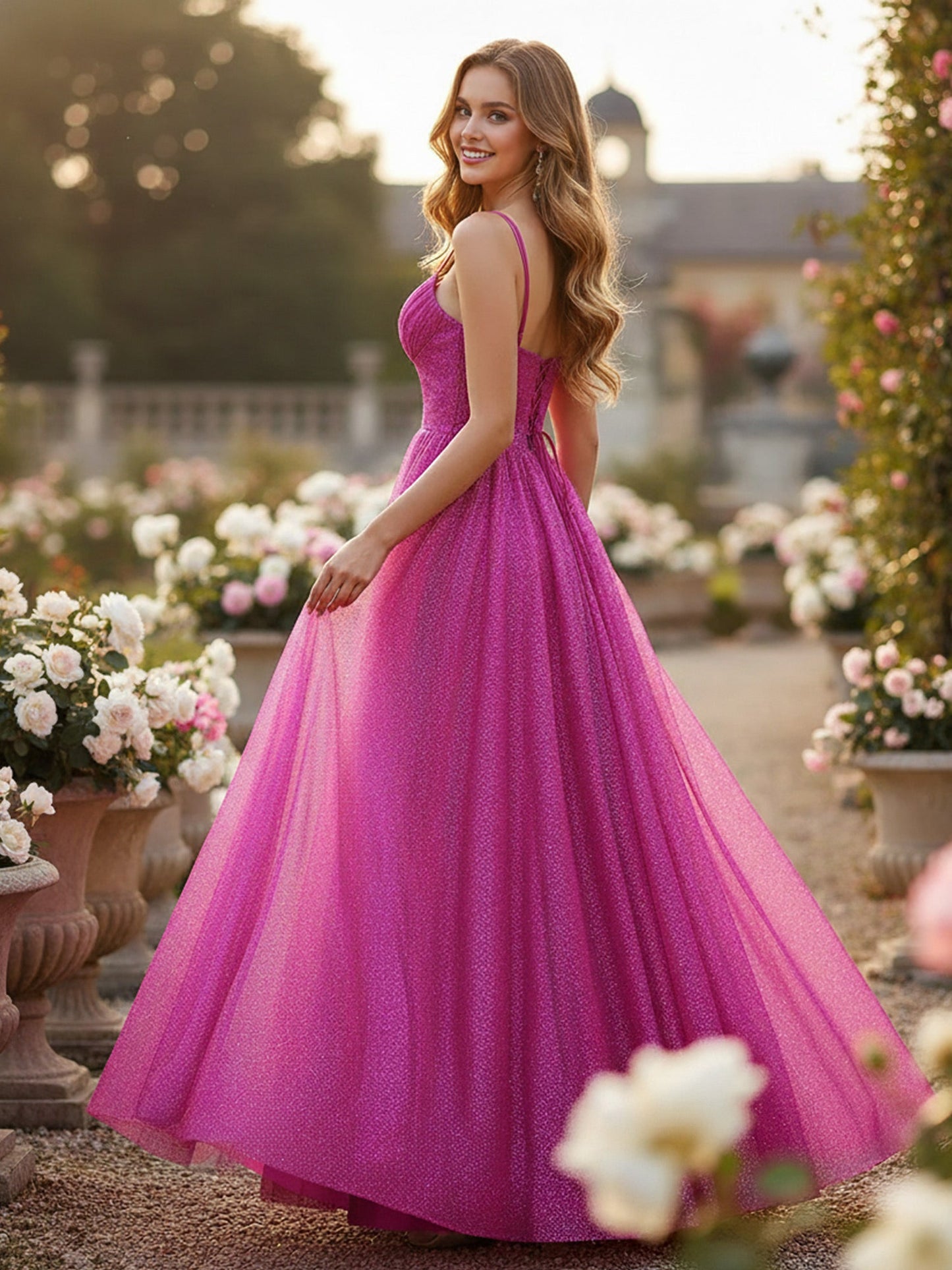 Glitter Sweetheart Neck A-Line Ruched Long Dress Orchid