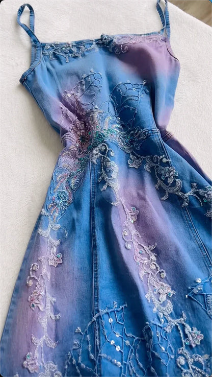 Vintage Blue Denim Sequin Applique Prom Dress A-Line Spaghetti Strap Evening Dress Long Formal Dress HZ1024