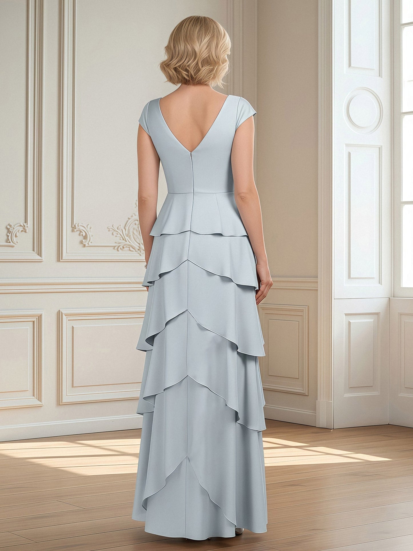 Pleated V-neck Cap Sleeve A-Line Tiered Long Dress Mist