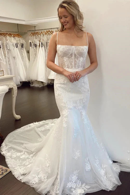 Aimishang Elegant White Lace Spaghetti Straps Mermaid Long Wedding Dress