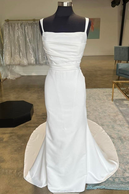 White Straight Neck Mermaid Long Wedding Dress