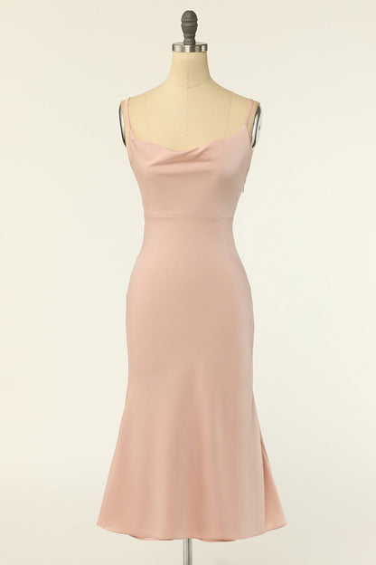 Blush Cowl Neck Short Mermaid Bridesmaid Dress