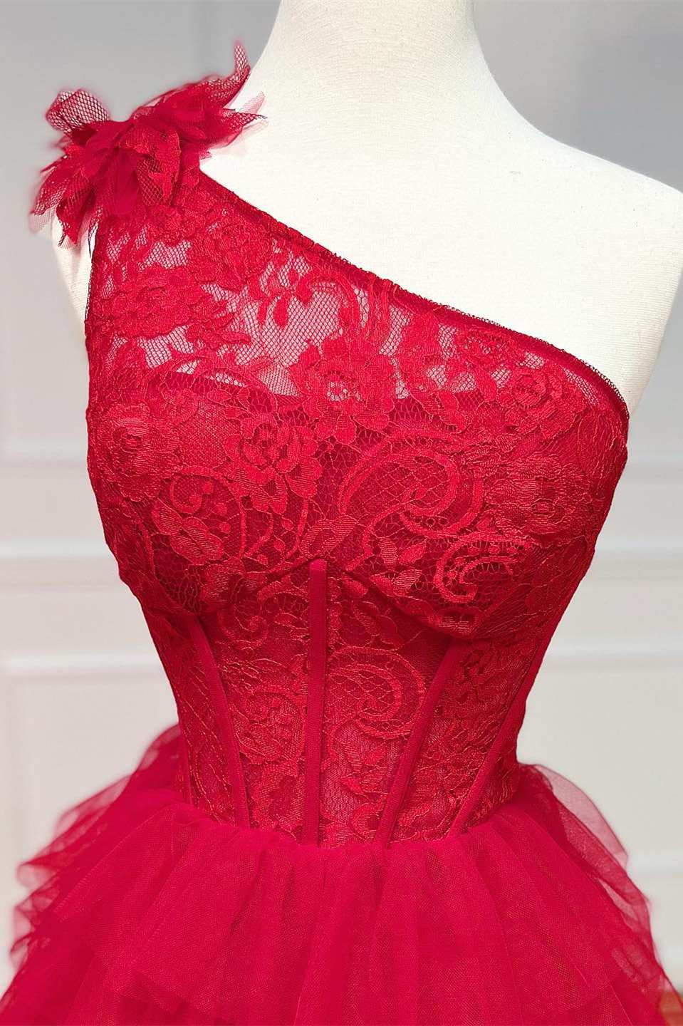 One-Shoulder Red Lace A-Line Tiered Prom Dress with Ruffles