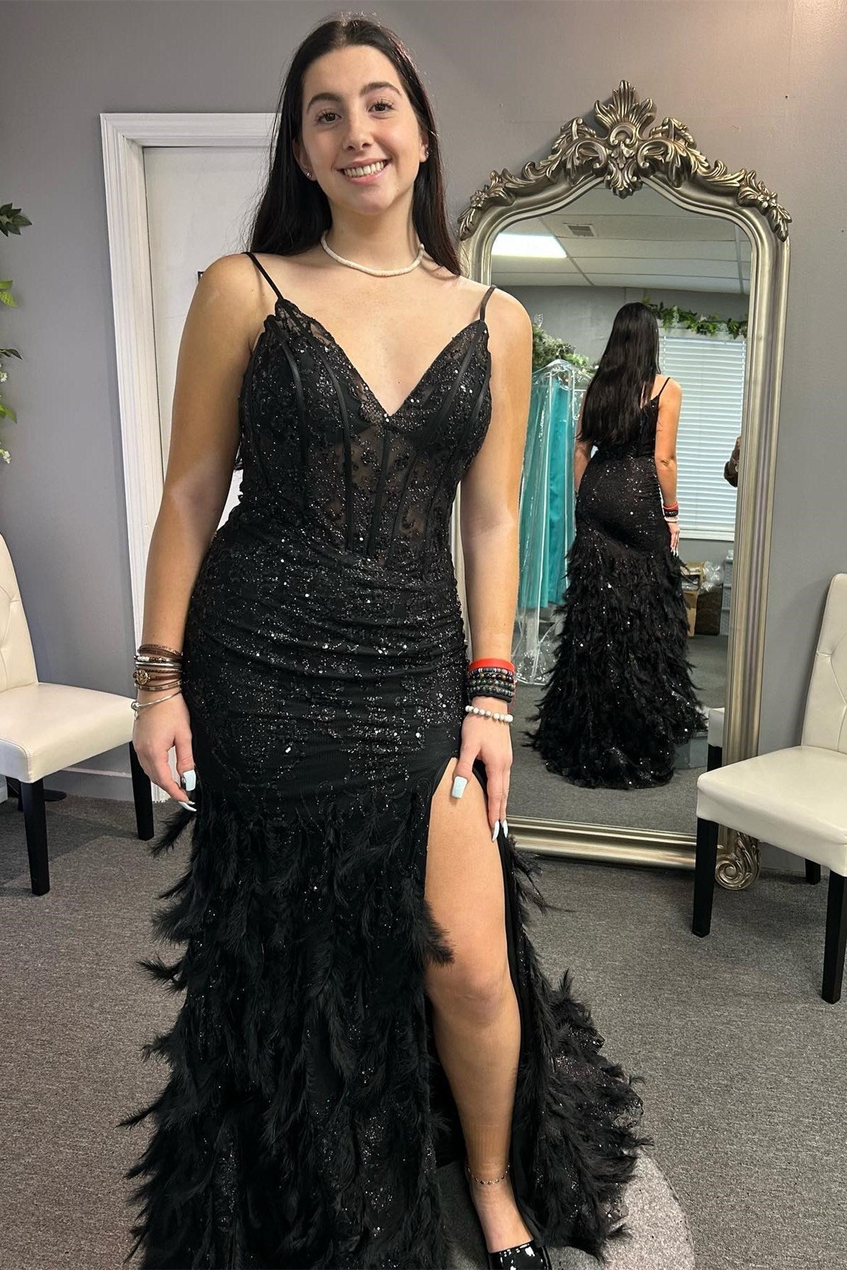 Blue Tulle Sequin V-Neck Mermaid Long Prom Gown with Feathers