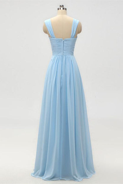 A-Line Empire Waist Light Blue Long Bridesmaid Dress
