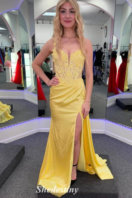 Yellow Sweetheart Mermaid Applique Slit Long Prom Dress