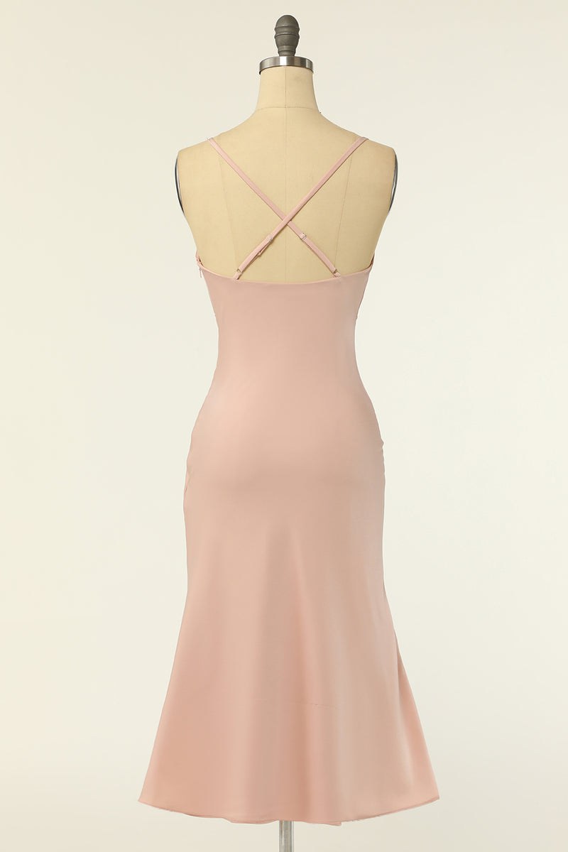 Blush Cowl Neck Short Mermaid Bridesmaid Dress