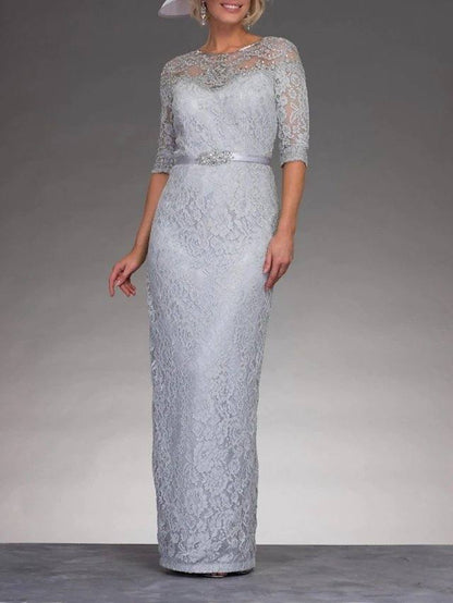 Two Piece Sheath / Column Mother of the Bride Dress Elegant Jewel Neck Floor Length Chiffon 3/4 Length Sleeve with Sash / Ribbon Appliques - RongMoon