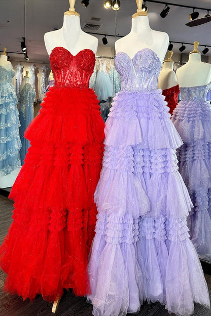 Strapless Tulle Sweetheart Tiered A-Line Long Prom Dress with Ruffles