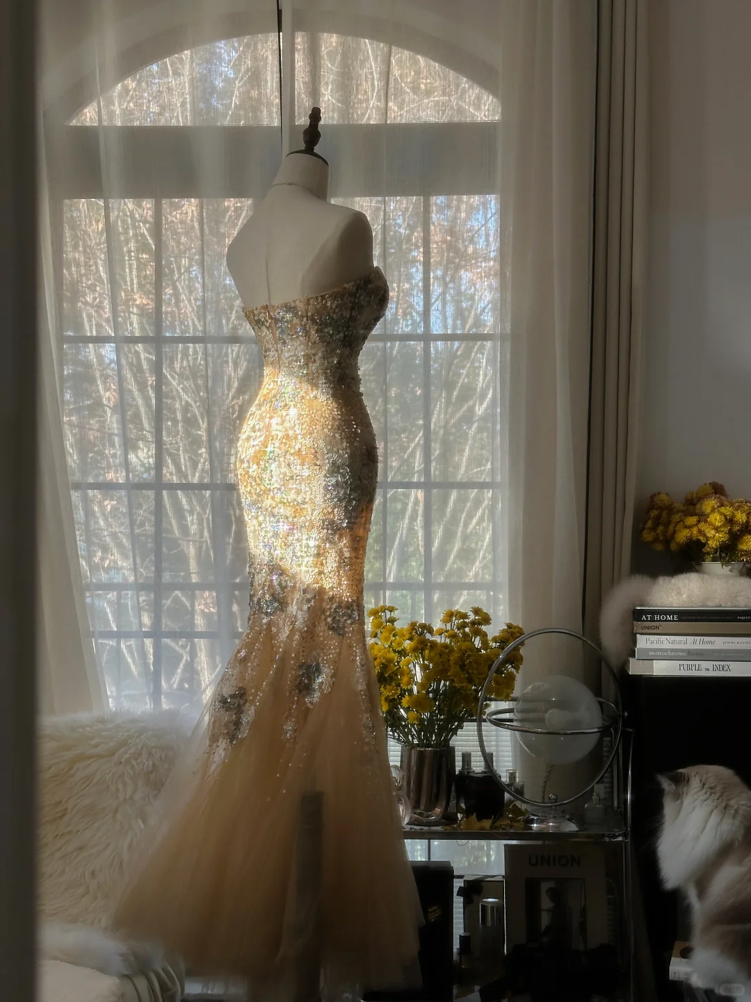 Elegant Mermaid Golden Sparkling Strapless Elegant Beaded Chiffon Evening Dress Prom Dress HZ1024