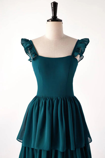 Straps Dark Blue Ruffle Long Bridesmaid Dress