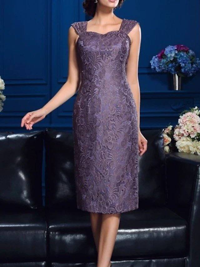 Two Piece Sheath / Column Mother of the Bride Dress Elegant Jewel Neck Knee Length Chiffon Lace Long Sleeve with Appliques - RongMoon