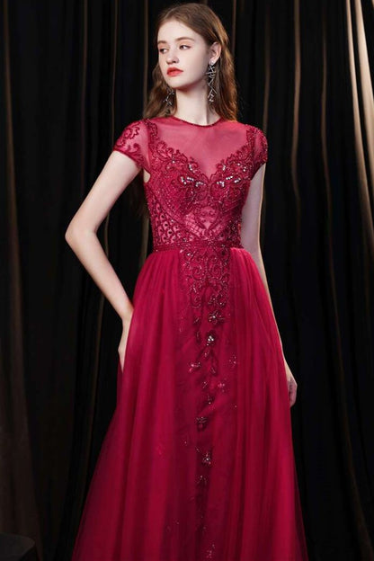Red Tulle Cap Sleeve Round Neck Floor-length Prom Dress