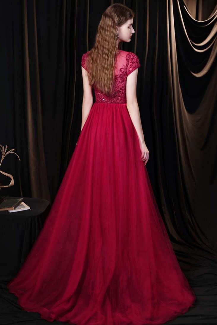 Red Tulle Cap Sleeve Round Neck Floor-length Prom Dress