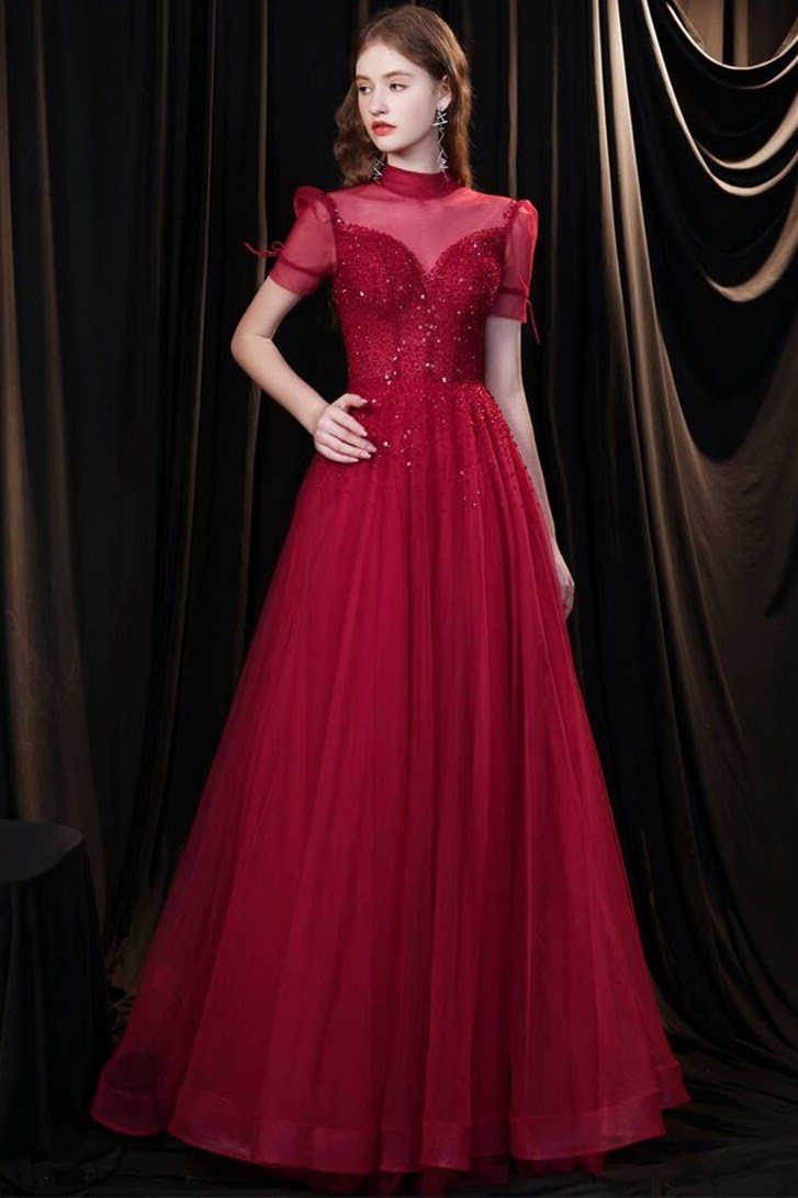 Burgundy A-line Tulle High Collar Long Prom Dress with Sequins