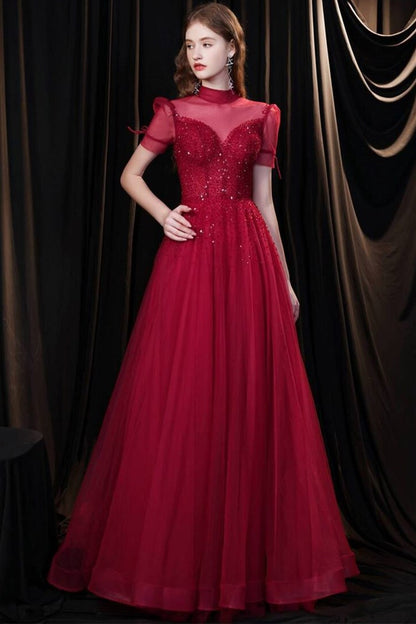Burgundy A-line Tulle High Collar Long Prom Dress with Sequins