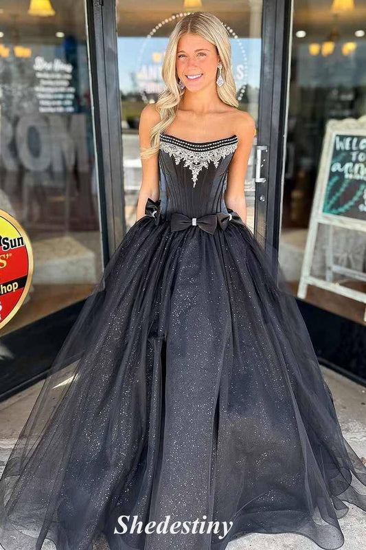 Empire-Waist Black A-Line Sparkly Prom Dress with Rhinestone