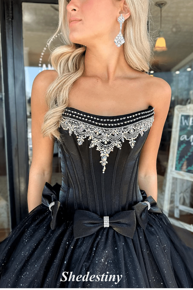 Empire-Waist Black A-Line Sparkly Prom Dress with Rhinestone