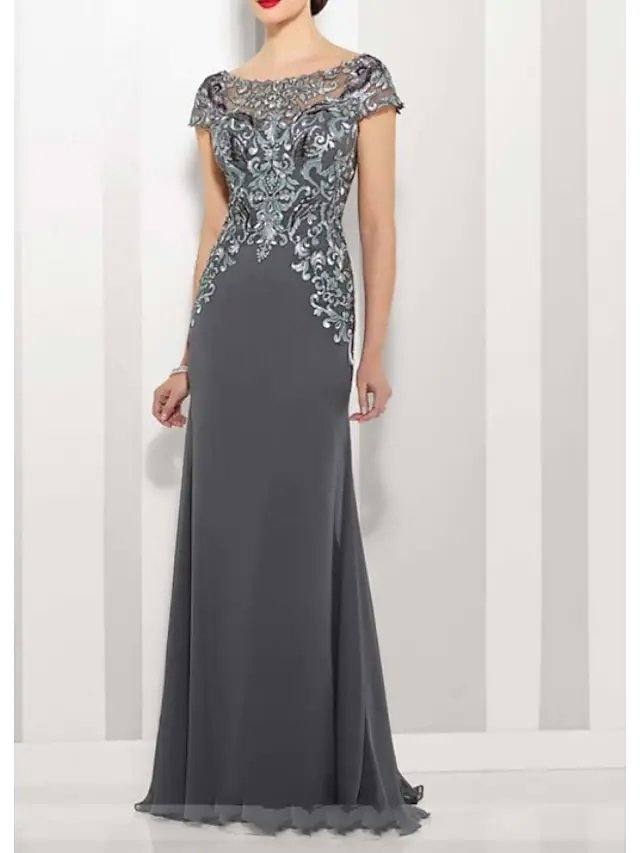 A-Line Mother of the Bride Dress Elegant Jewel Neck Floor Length Chiffon Lace Short Sleeve with Lace Appliques - RongMoon