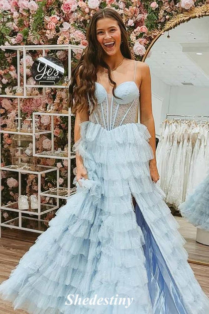Spaghetti Straps Lilac Beaded A-Line Layered Fluffy Prom Dress with Slit