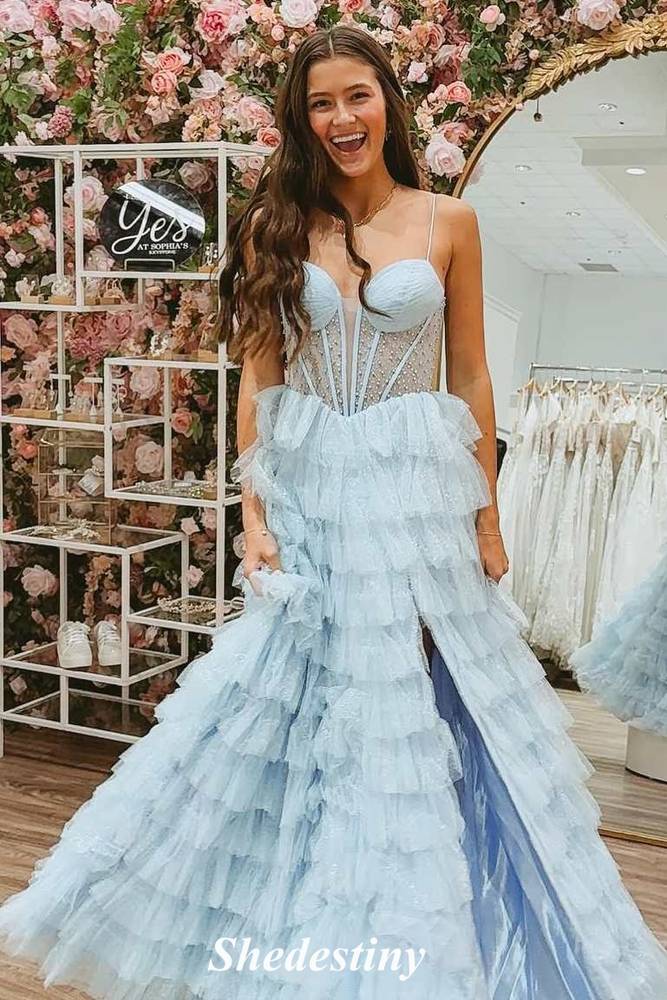 Spaghetti Straps Lilac Beaded A-Line Layered Fluffy Prom Dress with Slit