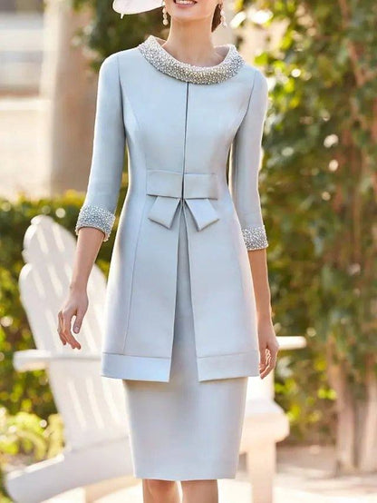 Two Piece Sheath / Column Mother of the Bride Dress Elegant Jewel Neck Knee Length Satin Half Sleeve with Bow(s) Pearls Beading - RongMoon