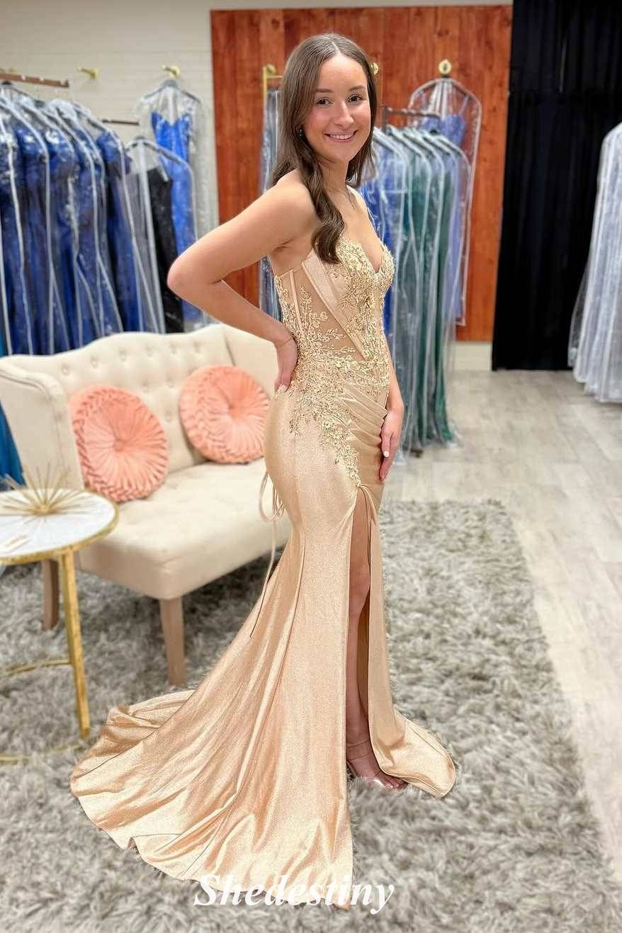 Sequin Applique Sweetheart Champagne Mermaid Prom Dress with Slit