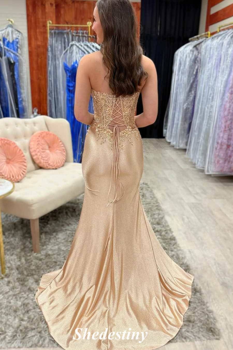 Sequin Applique Sweetheart Champagne Mermaid Prom Dress with Slit