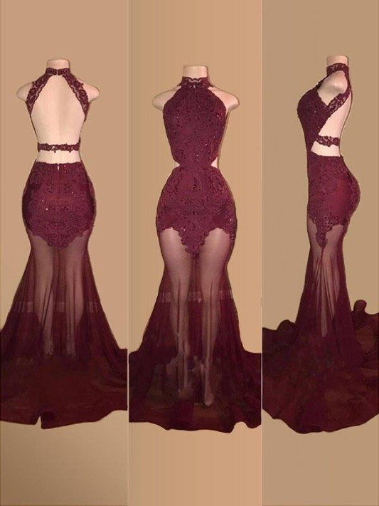 Trumpet/Mermaid Sleeveless Halter Court Train Tulle Applique Dresses - RongMoon