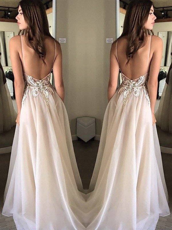 A-Line/Princess Spaghetti Straps Sleeveless Sweep/Brush Train Applique Chiffon Dresses - RongMoon