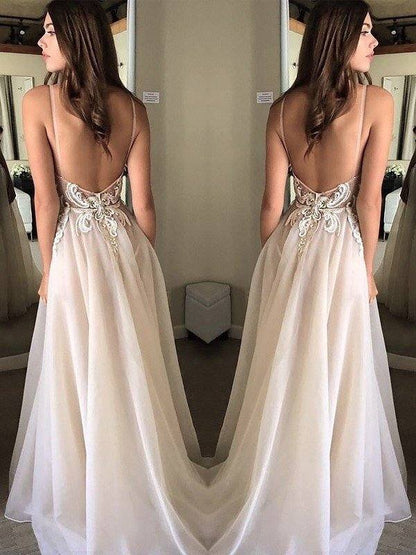 A-Line/Princess Spaghetti Straps Sleeveless Sweep/Brush Train Applique Chiffon Dresses - RongMoon