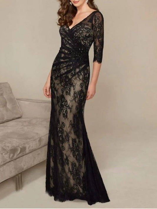 Mermaid / Trumpet Mother of the Bride Dress Elegant V Neck Floor Length Lace Half Sleeve with Ruching - RongMoon