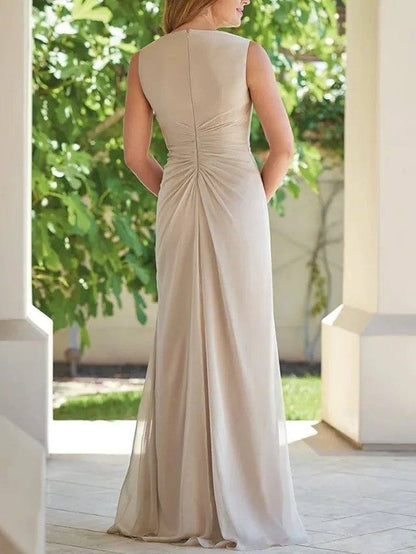 Sheath / Column Mother of the Bride Dress Elegant Plunging Neck Floor Length Chiffon Sleeveless with Ruffles Ruching - RongMoon