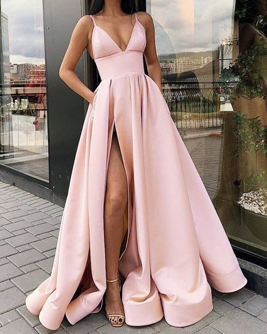 Long Satin Split Prom Dresses With Pockets - RongMoon