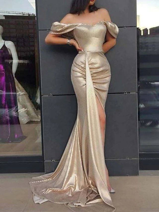 Mermaid / Trumpet Sexy bodycon Wedding Guest Prom Dress Off Shoulder Sleeveless Sweep / Brush Train Satin with Split - RongMoon