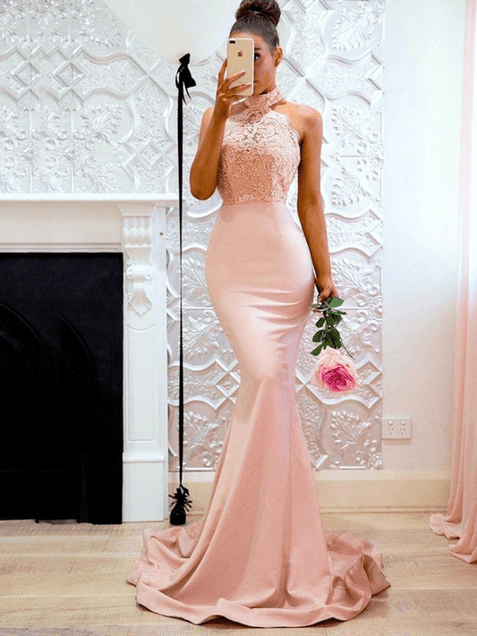 Trumpet/Mermaid Sleeveless Halter Sweep/Brush Train Lace Charmeuse Dresses - RongMoon