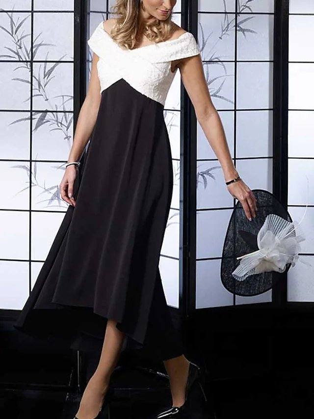 A-Line Mother of the Bride Dress Elegant Off Shoulder Floor Length Lace Stretch Satin Sleeveless with Pleats Split Front - RongMoon