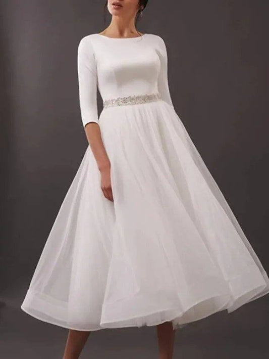A-Line Wedding Dresses Jewel Neck Tea Length Satin Tulle Half Sleeve Simple Vintage Little White Dress 1950s with Sashes / Ribbons - RongMoon