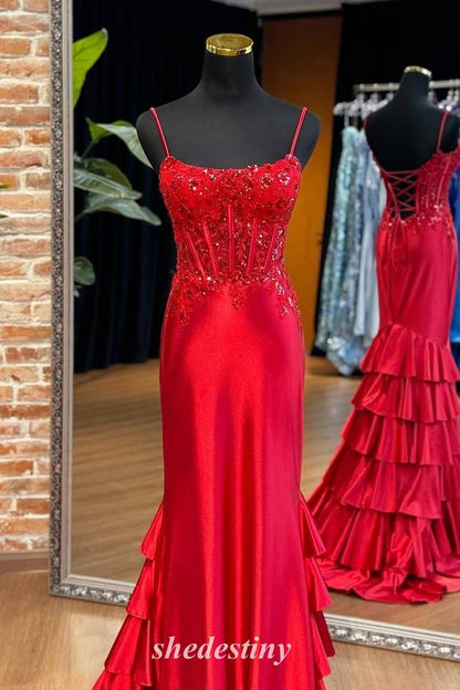 Mermaid Red Spaghetti Straps Ruffle Prom Dress with Sequin