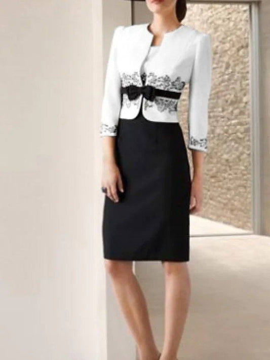 Two Piece Sheath / Column Mother of the Bride Dress Elegant Jewel Neck Knee Length Lace Satin 3/4 Length Sleeve with Bow(s) Appliques - RongMoon