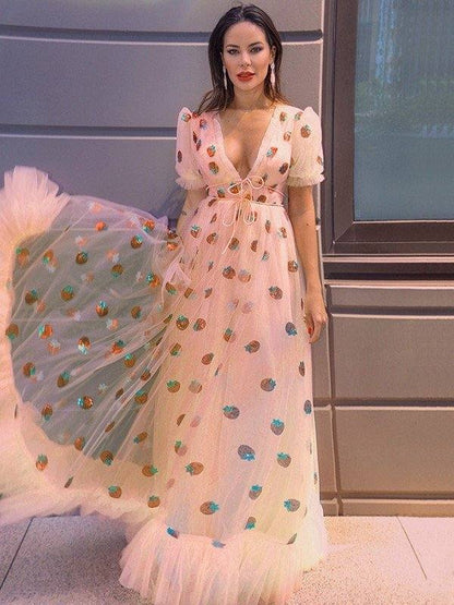 A-Line/Princess Tulle Ruffles V-neck Short Sleeves Floor-Length Dresses - RongMoon