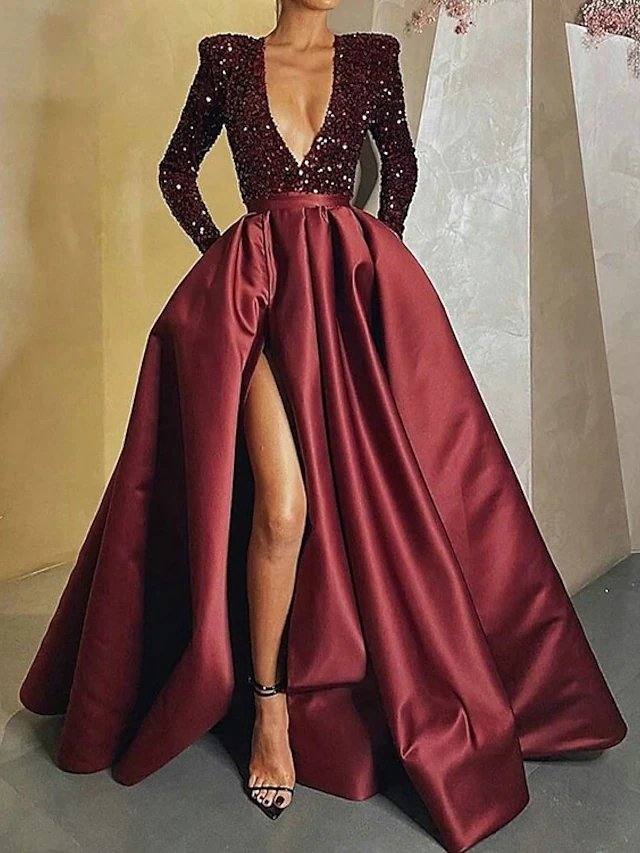 A-Line Sparkle Party Wear Formal Evening Dress V Neck Long Sleeve Floor Length Satin with Crystals Split - RongMoon
