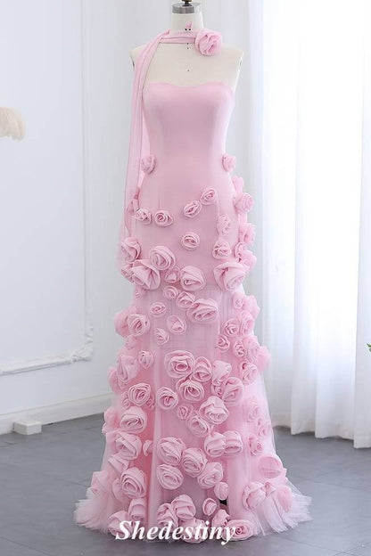 3D Flowers Princess Pink Sweetheart A-Line Prom Dress with Slit