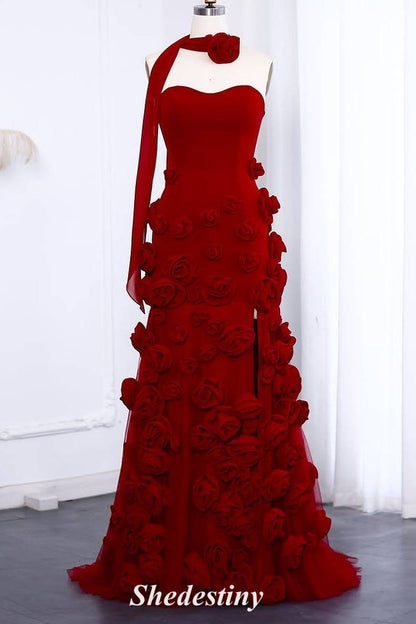 3D Flowers Princess Pink Sweetheart A-Line Prom Dress with Slit